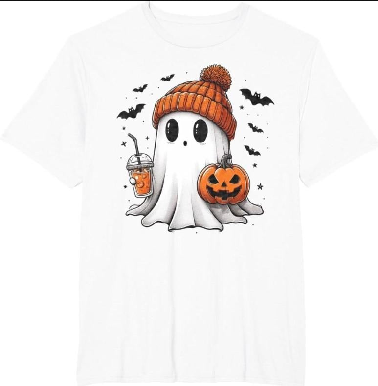 Cute Ghost Drinking Coffee Halloween Ghost Ice Coffee Womens T-Shirt