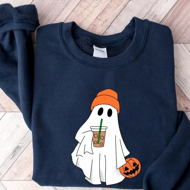Cute Ghost Drinking Coffee Sweatshirt, Ghost Ice Coffee, Spooky Season, Fall Coffee Lover Hoodie, Halloween Party Shirt,...