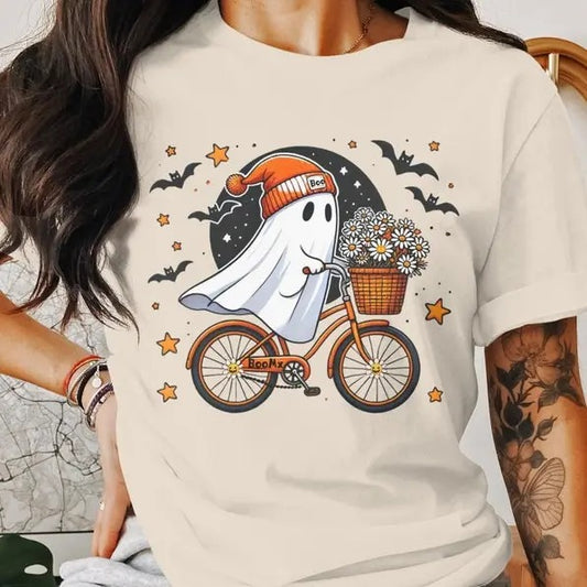 Cute Ghost Halloween Shirt, Halloween Ghost Shirt, Womens Halloween Shirt, Cute Fall Shirt, Spooky Season Shirt, Gift For Halloween, Retro halloween, GIft for Her Fabric Fit Top Womenswear