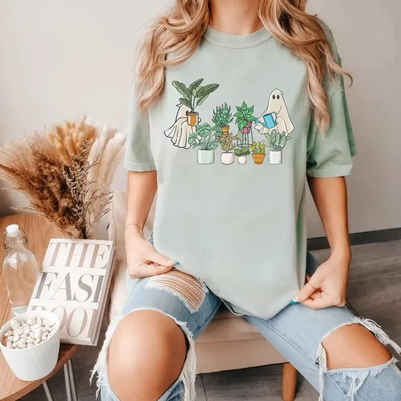 Cute Ghost Shirt, Halloween Plant Shirt, Halloween Mom Shirt, Ghost T-Shirt, Plant Lover Gift, Funny Halloween Top Womenswear Underwear Lady