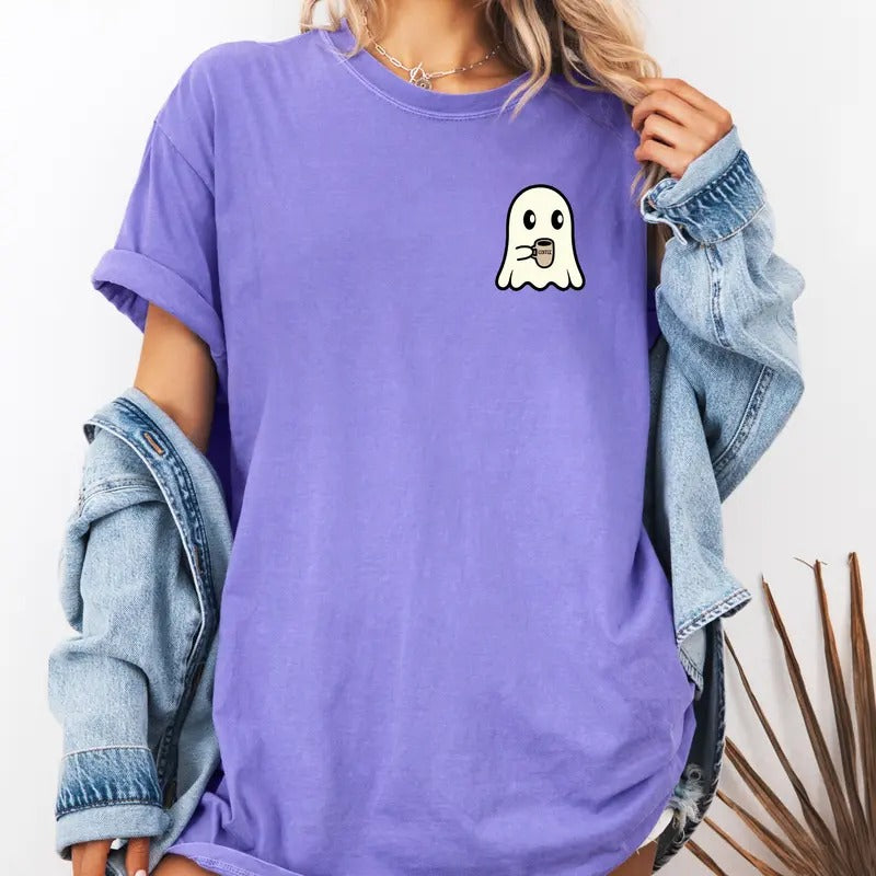 Cute Ghost with a Cup of Joe design on custom colors tee shirt Casual Hoodie, Sweatshirt | DripVista.com