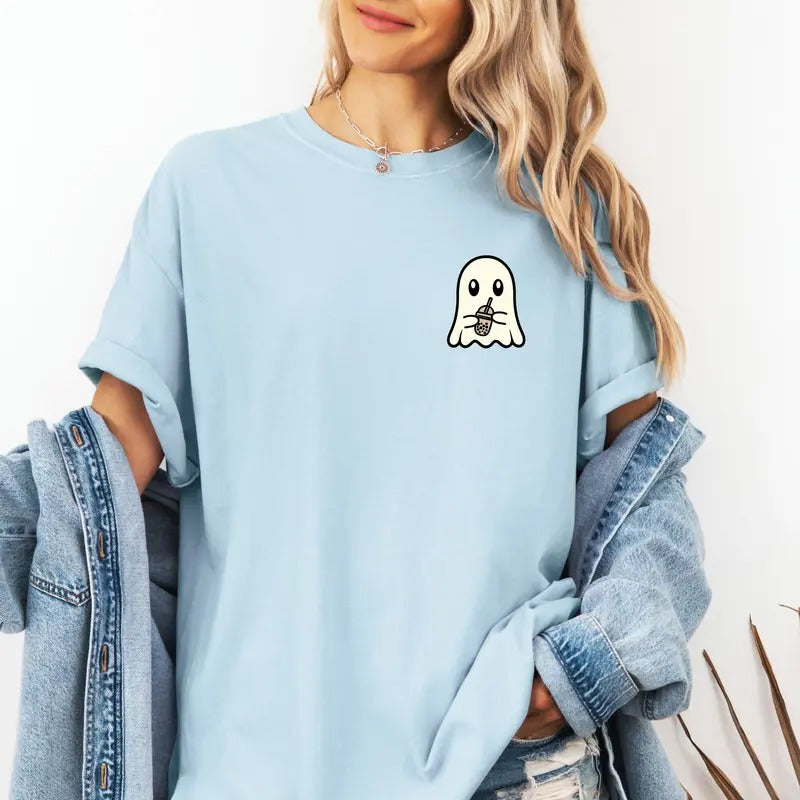 Cute Ghost with iced drink design on custom colors tee shirt Casual Hoodie, Sweatshirt | DripVista.com