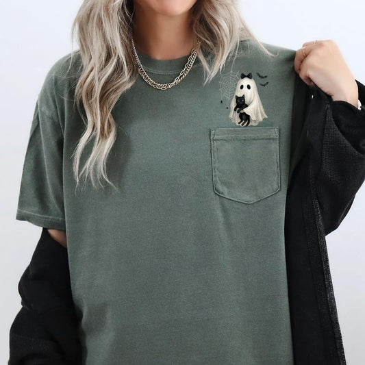 Cute Ghost, Black Cat, Halloween, Coquette, Pocket, Comfort Colors Pocket T-Shirt, Witch, Spooky, Autumn, Fall, Women's Comfort Colors Tee