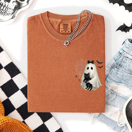 Cute Ghost, Black Cat, Halloween, Coquette, Pocket, Comfort Colors T-Shirt, Witch, Spooky, Autumn, Fall, Women's Comfort Colors Tee