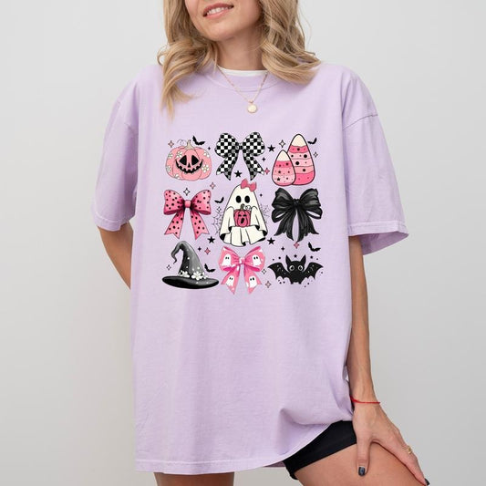 Cute Halloween Coquette Bow Shirt Comfort Colors, Pink Pumpkin Ghost Tee, Spooky Witch Women's Tops, Halloween Gift Ideas for Girls, Comfy Womenswear