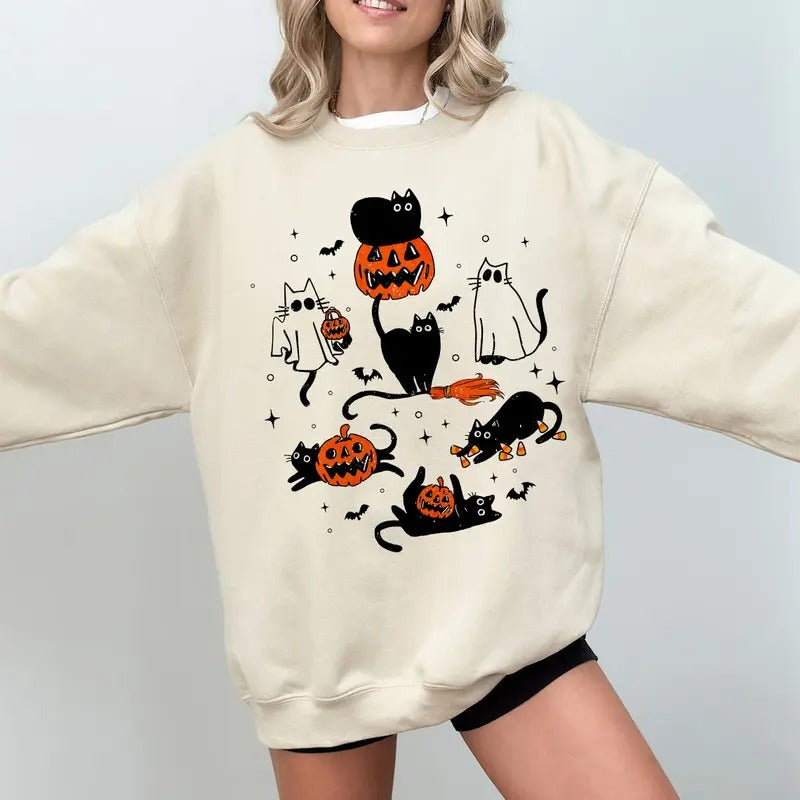 Cute Halloween Ghost Boo Cat Sweatshirt, Ghost Shirt, Retro Black Cat Pumpkin Halloween Sweater, Halloween Cat Shirt, Halloween Pumpkin Shirt, Halloween Pumpkin Cat Shirt, Fall Autumn Halloween Gift Shirt