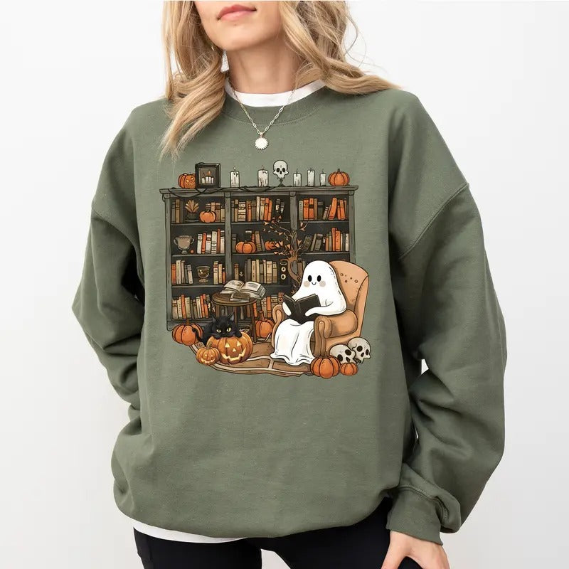 Cute Halloween Ghost Reading Book Sweatshirt, Funny Boo Crewneck, Retro Ghost Sweater, Book Lover Gift Shirt, Reading...
