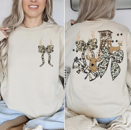 Cute Hunting Theme Camo Sweatshirt with Deer Bow Design on Front & Back for Stylish Wear
