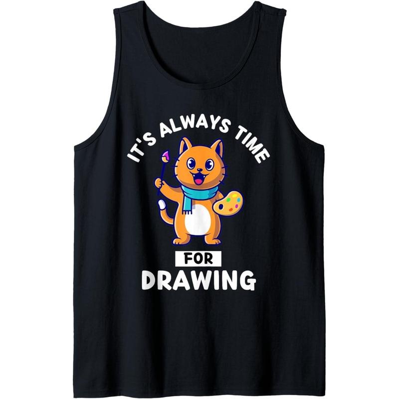 Cute Kawaii Cat It's Always Time For Drawing Tank Top T-Shirts, Hoodie, Sweatshirt | DripVista.com