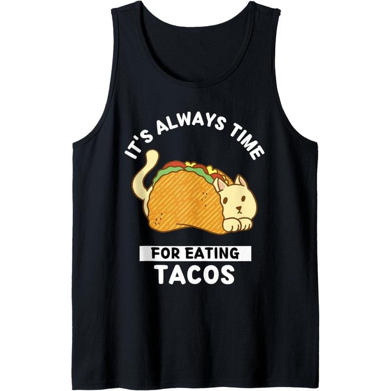 Cute Kawaii Cat It's Always Time For Eating Tacos Tank Top T-Shirts, Hoodie, Sweatshirt | DripVista.com