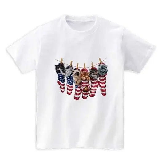 Cute Kittens in USA America Stocking, Cat - Short Sleeve Unisex, Men Made in USA