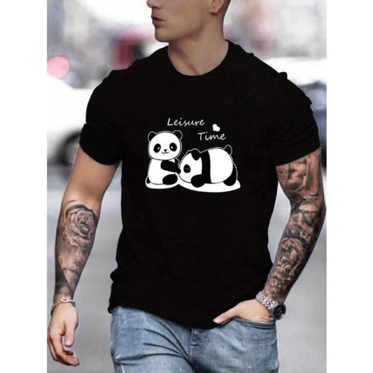 Cute Panda Graphic Print Men's Creative Top, Casual Short Sleeve Crew Neck T-shirt, Men's Clothing For Summer Outdoor Made in USA
