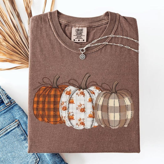 Cute Patterned Pumpkins, Halloween, Autumn, Fall, Plaid, Comfort Colors T-Shirt, Witch, Spooky, Autumn, Fall, Women's Comfort Colors Tee