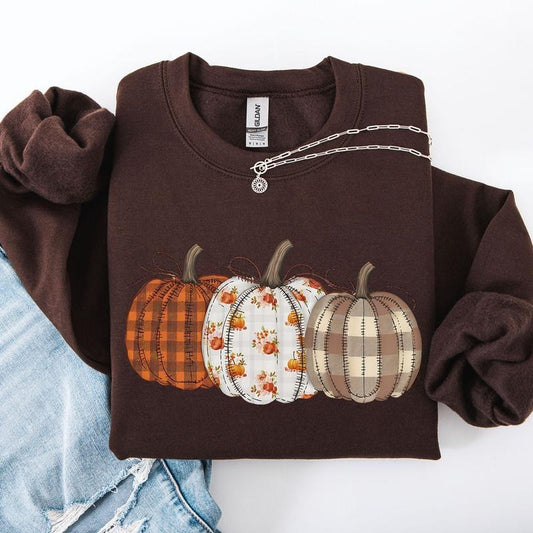 Cute Patterned Pumpkins, Halloween, Autumn, Fall, Plaid, Halloween Sweatshirt, Spooky, Witch, Pumpkin, Halloween, Crew Neck, Women's, Crewneck