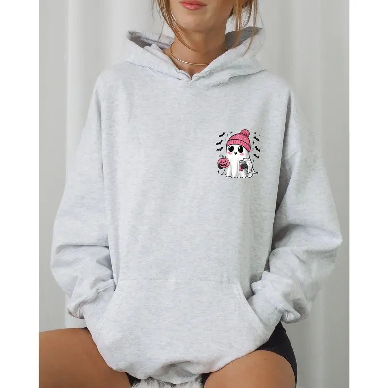 Cute Pink Ghost, Pocket Print, Halloween, Coffee, Bats Hooded Sweatshirt T-Shirts, Hoodie | DripVista.com