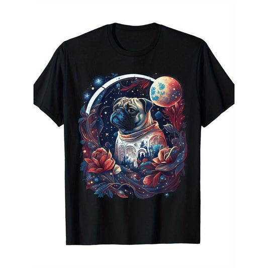 Cute Pug surrounded by Stars Planet Graphic T-shirt -100% cotton Made in USA