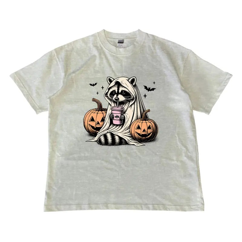Cute Raccoon Ghost T-shirt, Raccoon Halloween T-shirt, Retro Halloween T-shirt, Spooky Season, MW Unisex Shirt Menswear Top