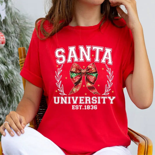 Cute Santa University T-Shirt, Christmas Coquette Shirt, Christmas Gifts Tee, Christmas Party Tee, Xmas Santa Shirt, Christmas Holiday T-Shirt,
