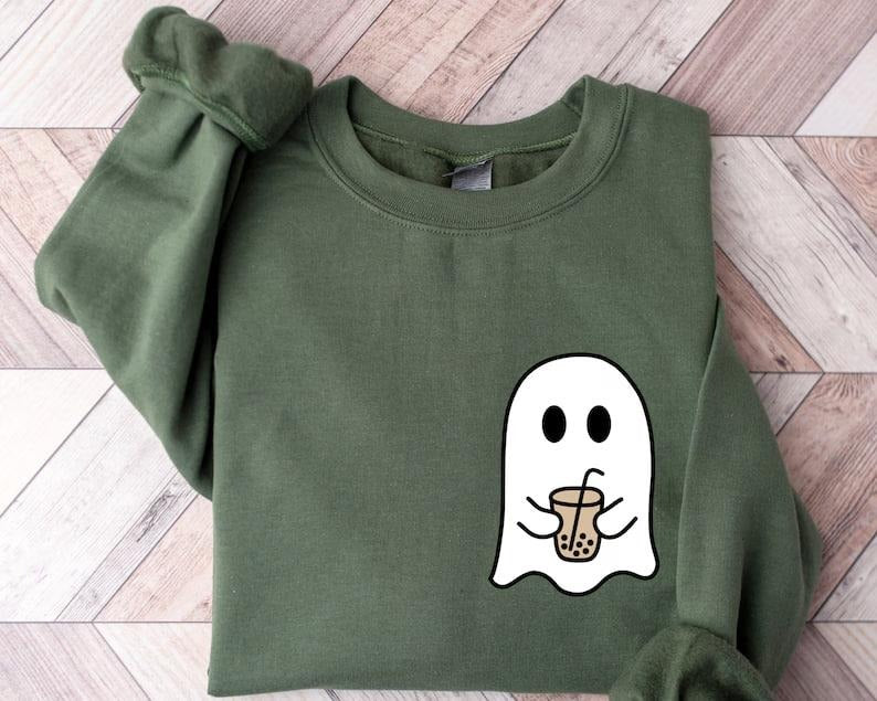 Cute Spooky Bubble Tea Sweatshirt, Womens Ghost Sweatshirt, Spooky Season,Fall Coffee Lover Hoodie,Halloween Party Shirt,...