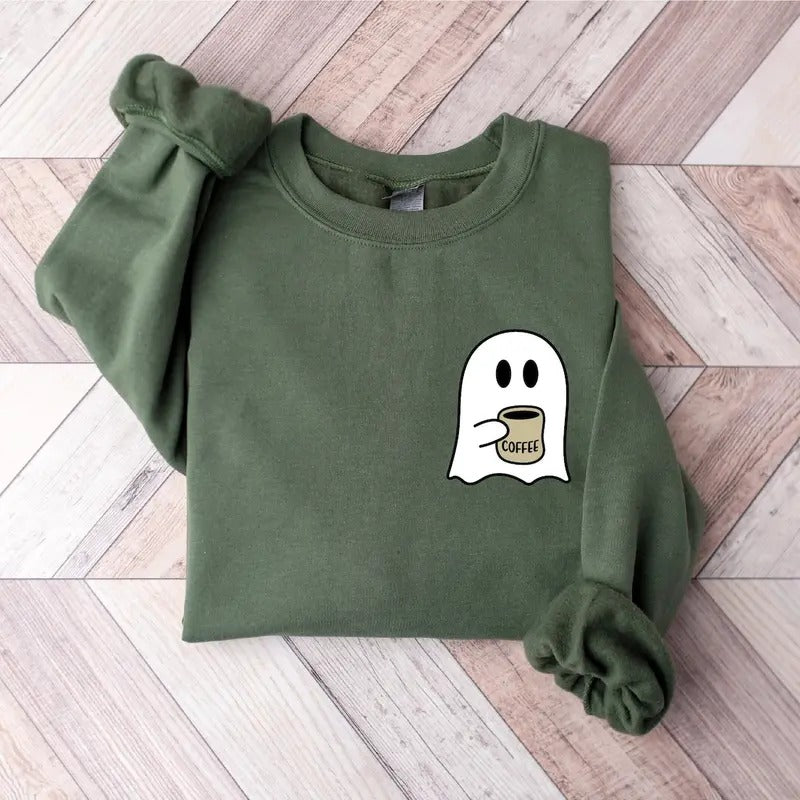 Cute Spooky Coffee Sweatshirt, Womens Ghost Sweatshirt, Spooky Season T-Shirts, Hoodie | DripVista.com