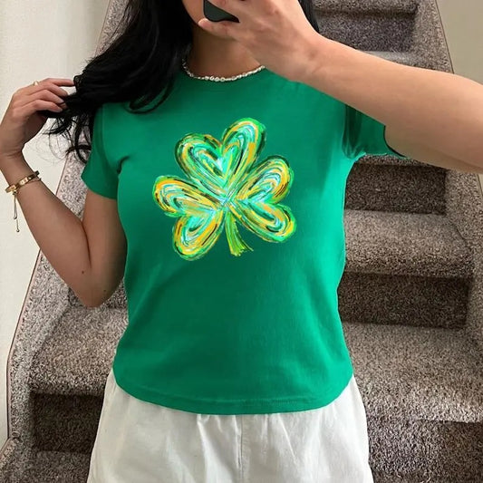 Cute St Patrick's Four Leaf Clover Shirt,Watercolor St Patrick Baby Tee,Vintage Retro St Patrick's Day,Shamrock Baby Tee,Gift For St Patrick's, Y2K 2000's Style, Streetwear Style