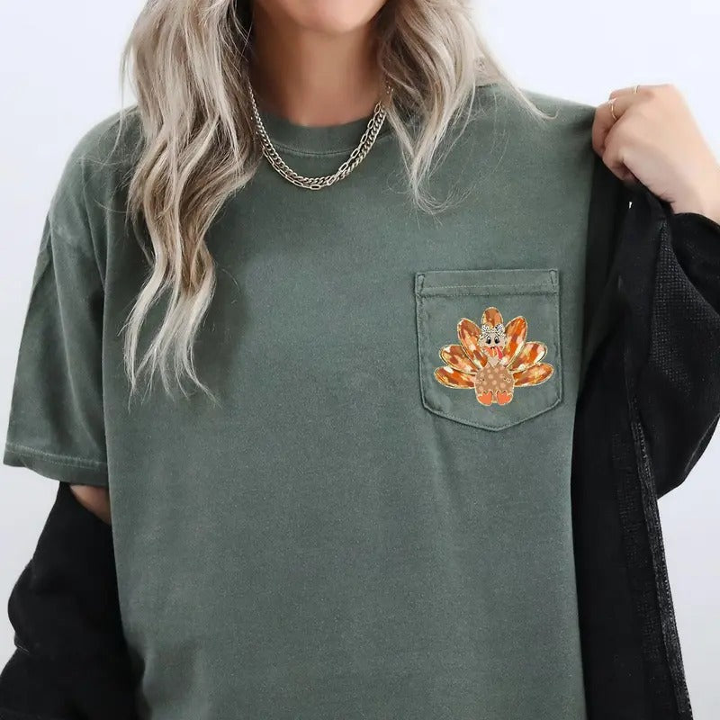 Cute Thanksgiving Turkey, Pocket Tee, Women's Comfort Colors Tee Hoodie, Sweatshirt | DripVista.com