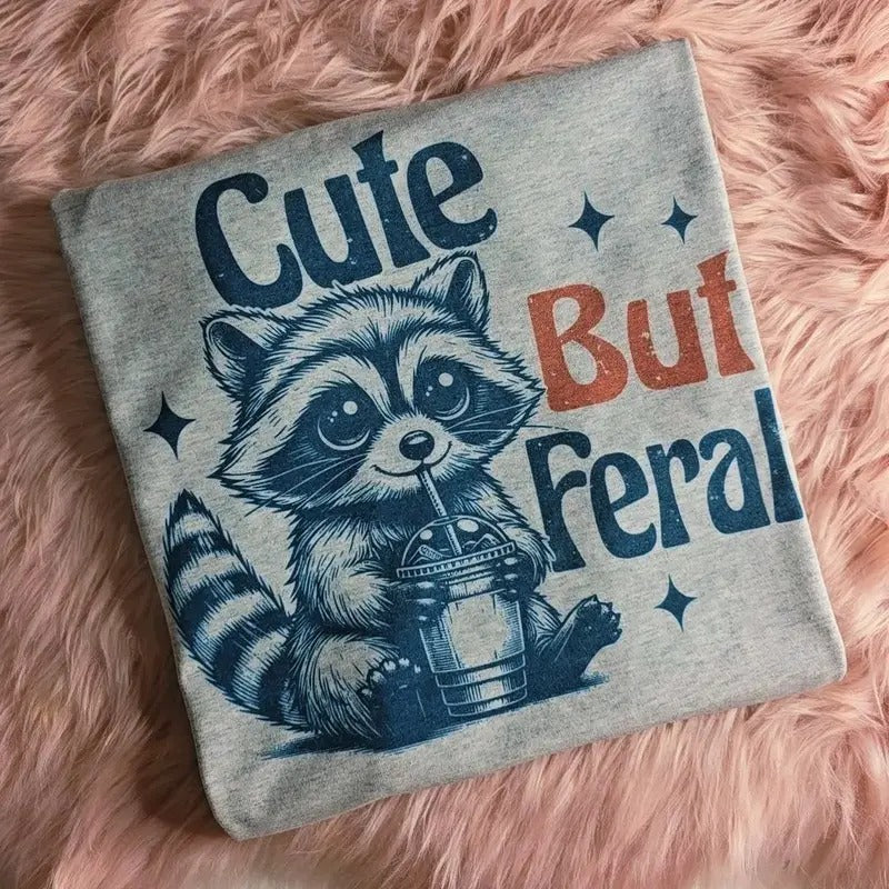 Cute but feral Raccoon Graphic Tee Loose fit Hoodie, Sweatshirt | DripVista.com