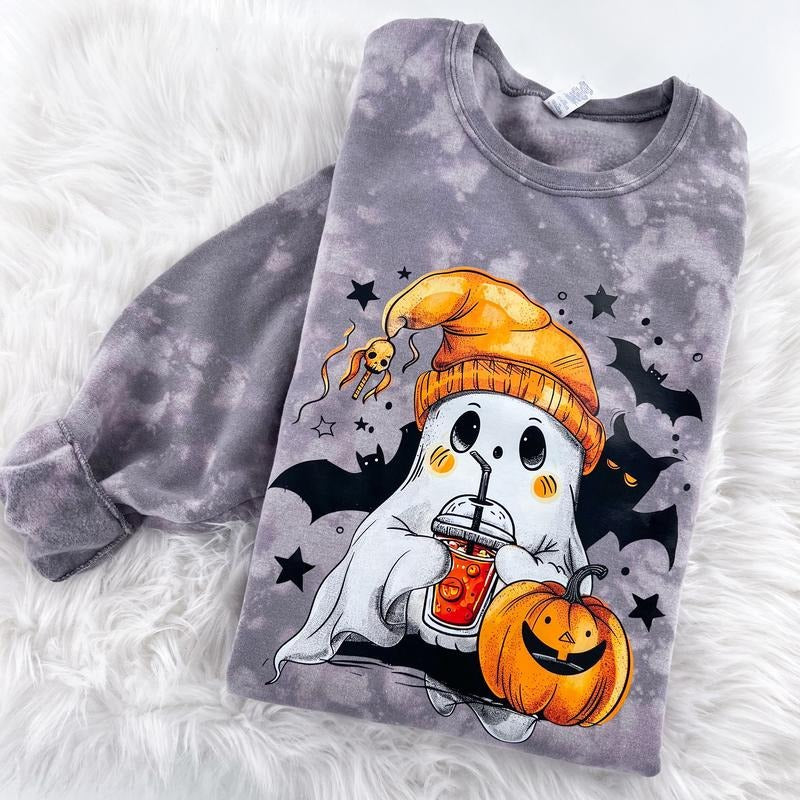 Cutie Bootootie Ghost Halloween Marbled Sweatshirt or Hoodie with sleeve print Comfy Womenswear Tops T-Shirts | DripVista.com