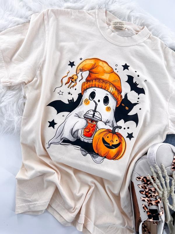 Cutie Bootootie Halloween Ghost Pumpkin Coffee Short Sleeve Graphic Tee Unisex with sleeve print T-Shirt Womenswear...