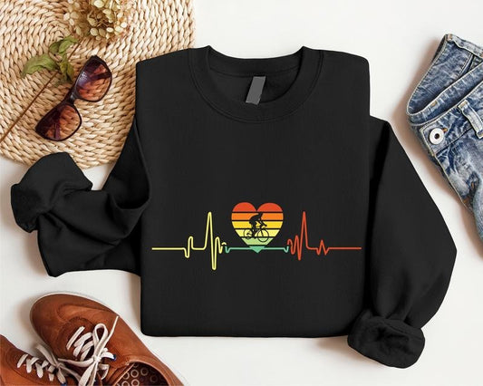 Cycling Heartbeat Sweatshirt, Cycling Heart Hoodie, Bicycle Lover Gift Sweater, Matching Bicycle Rider Hoodie, Bike Sweatshirt.