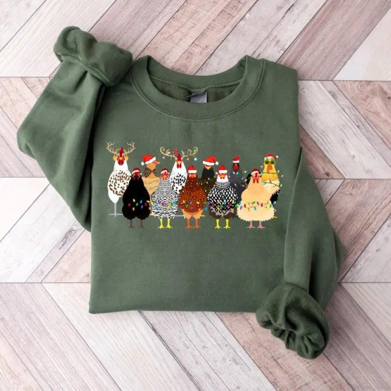 Сute Christmas Chickens Sweatshirt, Christmas Farm Animals Sweatshirt, Womens Christmas Chicken Sweatshirt,Christmas...
