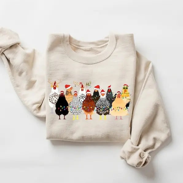 Сute Christmas Chickens Sweatshirt, Funny Christmas Chicken Sweatshirt, Christmas Crewneck, Holiday Sweatshirt, Christmas Farm Sweatshirt style 02