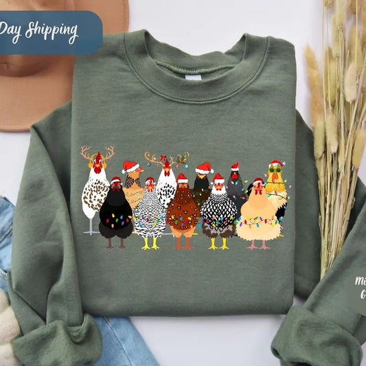 Сute Christmas Chickens Sweatshirt, Funny Christmas Chicken Sweatshirt, Christmas Crewneck, Holiday Sweatshirt, Christmas Farm Sweatshirt style 03