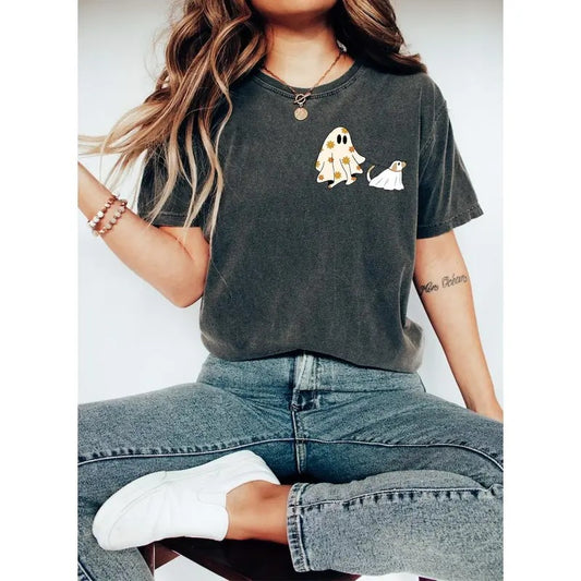 Сute Floral Boo Walking with Dog Shirt, Boo and Dog Lovers Halloween Gift, Halloween Spooky Season Boo Shirt, Womens Halloween Shirt, Fall Graphic Tee