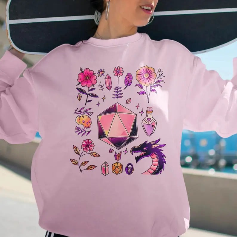 DND dice sweatshirt, DnD sweatshirt, dungeon master RPG apparel, tabletop nerdy TTRPG hoodie, Role playing girly woman...