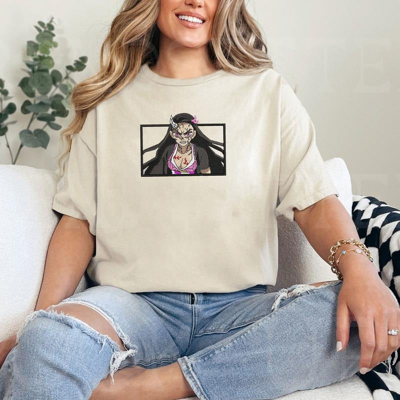DS Nezuko Anime Character Embroidery Crewneck Tshirt Hoodie, Anime Shirt Gift For Otaku Sweatshirt | DripVista.com