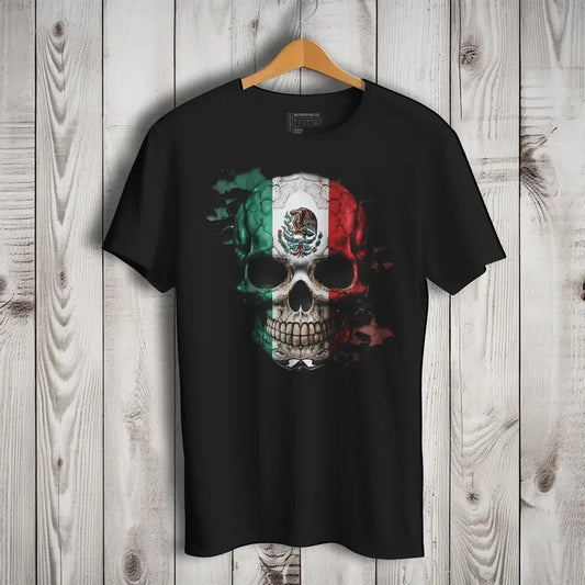 DTG Printed Mexican Flag Skull 2.0 Short Sleeve T-Shirt for Men - Soft 100% Ring-Spun Combed Cotton Classic Crewneck Top