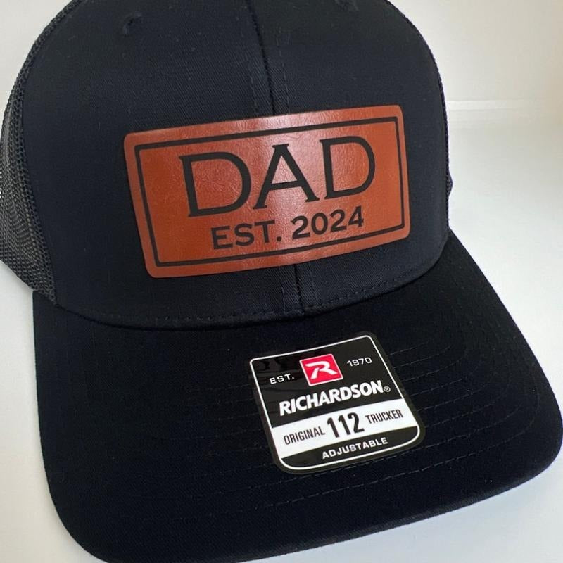 Dad Est. YEAR | Hat for new Dad |Richardson 112 leather patch trucker hat for new Dad | Dad hat pregnancy announcement...