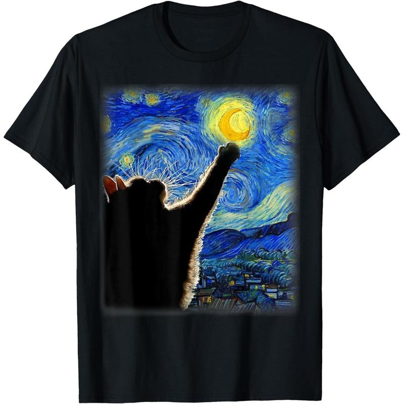Van Gogh Lightsaber brand Night Cat T-Shirt - Classic Fit, Cat Lover/Mom/Dad Gift, Black Crew Neck Golf Gift T-Shirt For...