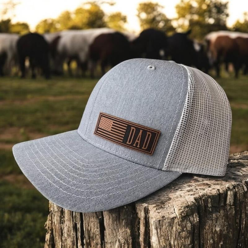 Dad Hat with American Flag, Custom US Flag Hats, Trucker Hat with monogram, Snapback Leather Patch Richardson 112 Hat,...