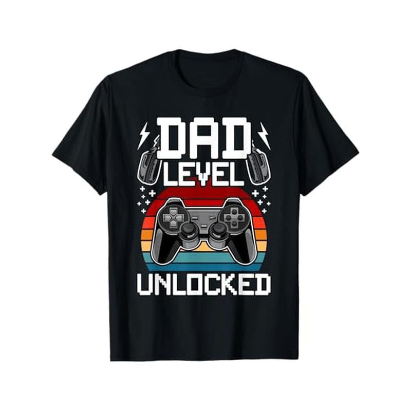 Dad Level Unlocked Gaming T-Shirt, 100% Cotton, Casual Crew Neck, Slight Stretch, All-Season Knit Fabric, Regular Fit,...