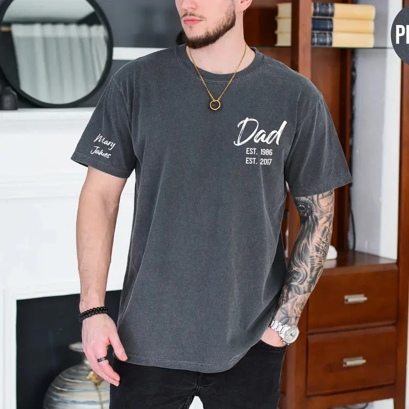 Dad Shirt with Kids Names Arm, Comfort Colors Custom Dad Tshirt Menswear Top