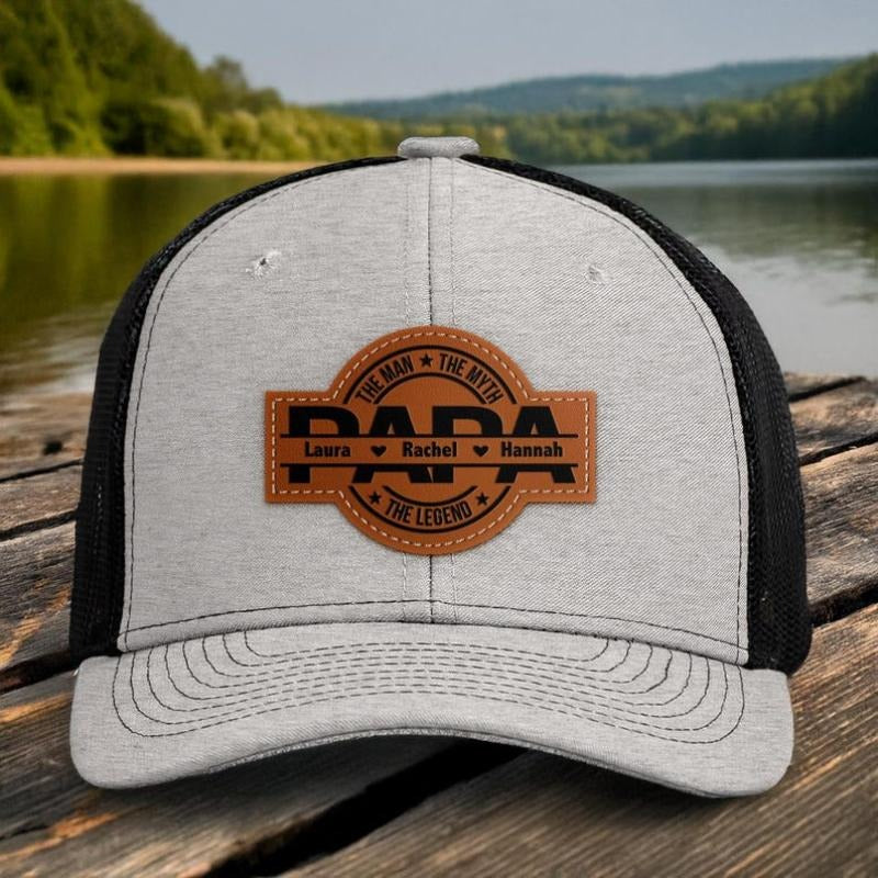 Dad, The Man, The Myth, The Legend, Personalized Leather Patch Hat, Dad and Kids Trucker Hat, Dad Hat, Fathers Day Hat,...