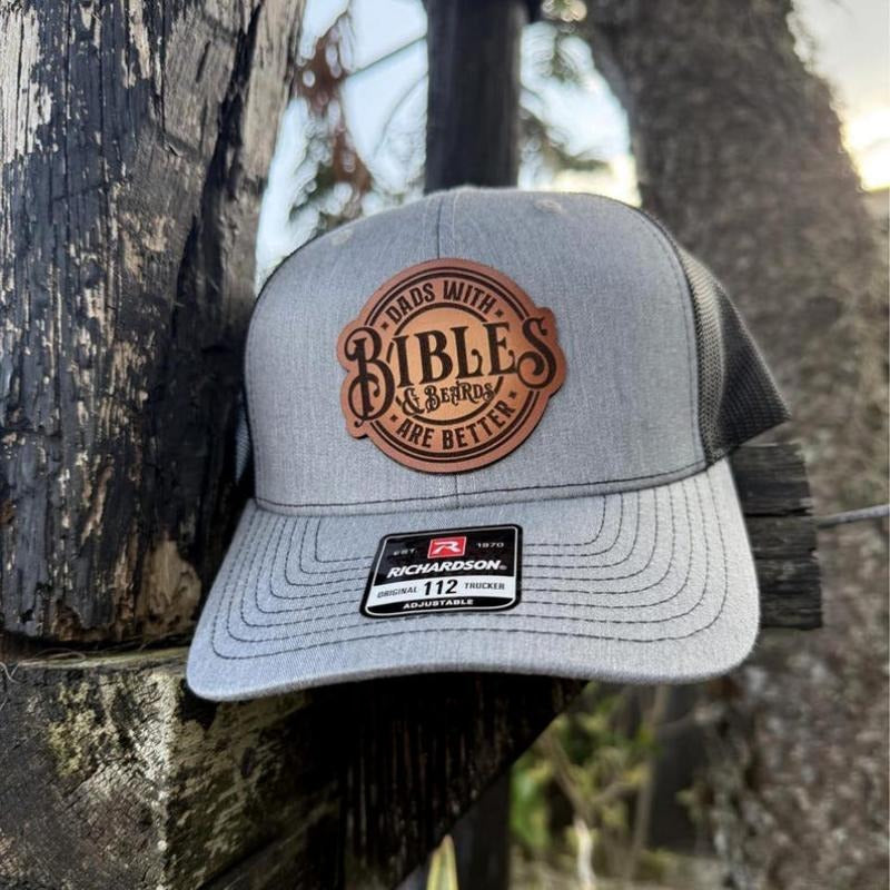 Dads with Bibles and Beards Hat, Leather Patch Dad Hat, Richardson 112 Trucker Cap, Christian Father's Day Gift, Beard...
