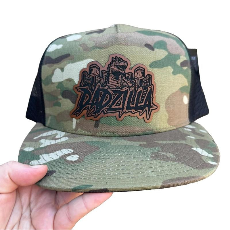 Dadzilla Structured Trucker Hat, Mesh Back, High Profile Hat, Flat Bill, Snap Back, Camo MultiCam, Alternative Goth, Alt Punk Accessory, Leather Patch