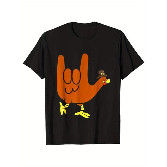Daily wear men's crew neck T-shirt, Thanksgiving print, men's cotton Turkey print T-shirt, casual short sleeve crew neck game T-shirt, men's outdoor T-shirt made in usa