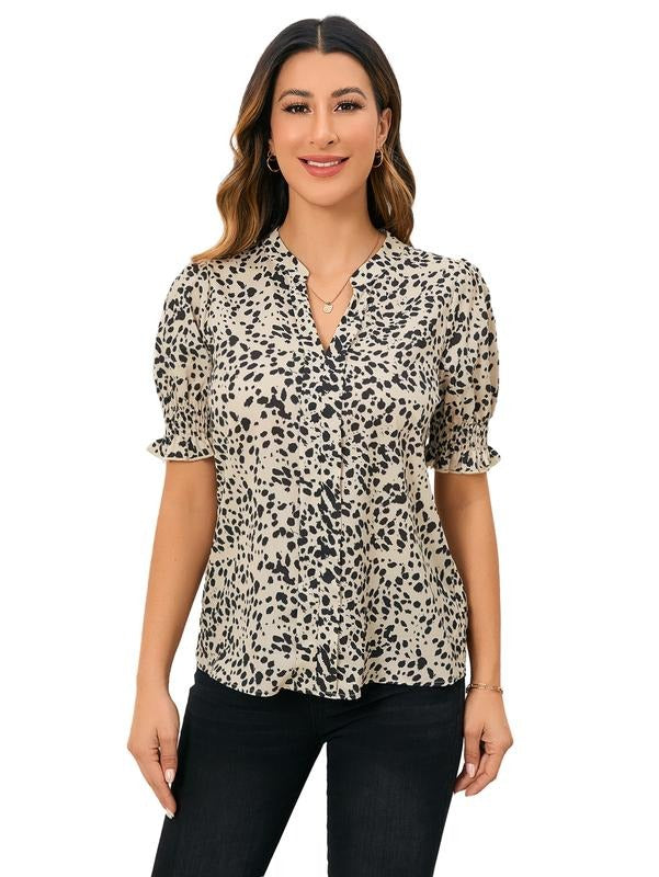 Dalmatian Print Puff Short Sleeve Blouse Notched V Neck Shirt Work Tops Hoodie, Sweatshirt | DripVista.com