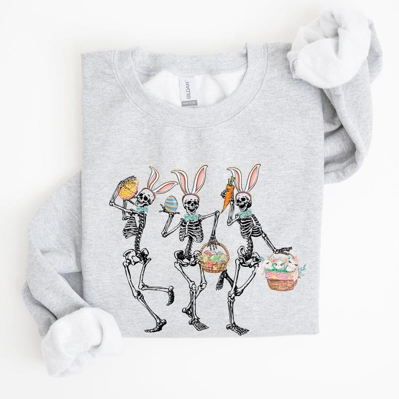 Dancing Easter Skeleton, Rabbit, Bunnies Sweatshirt, Women's Crew Neck, Crewneck T-Shirts, Hoodie | DripVista.com
