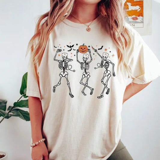 Dancing Nurse Skeletons Halloween Comfort Colors Shirt, Retro Halloween Nurse Shirt for Halloween Party Costume Collar Fabric