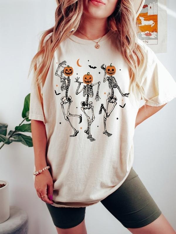 Dancing Skeleton Pumpkin Shirt, Retro Halloween Shirt, Womens Halloween Shirt, Cute Fall Shirt, Spooky Season, Pumpkin...